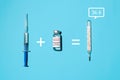 Syringe, covid-19 vaccine and thermometer on a blue background, flat lay. Concept math example syringe plus vaccination