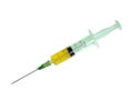 Medical syringe with a sharp needle, yellow content, isolate