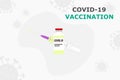 Syringe drawing vaccine and COVID-19 vaccine vial. coronavirus particle image in grey background