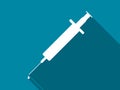 Syringe with drop, flat icon with long shadow. Vector