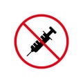 Syringe Drug Black Silhouette Ban Icon. Narcotic Inject Forbidden Pictogram. Anti Vax Against Vaccination Red Stop Royalty Free Stock Photo