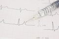 Syringe on EKG heart sheet Royalty Free Stock Photo