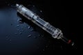 A syringe filled with drops of water resting on a sleek black surface, Single use syringe, Plastic insulin syringe, Needle for