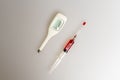Syringe filled with red liquid and electronic thermometer Royalty Free Stock Photo