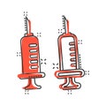 Syringe icon in comic style. Inject needle cartoon vector illustration on white isolated background. Drug dose splash effect Royalty Free Stock Photo