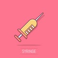 Syringe icon in comic style. Inject needle cartoon vector illustration on white isolated background. Drug dose splash effect Royalty Free Stock Photo