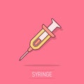 Syringe icon in comic style. Inject needle cartoon vector illustration on white isolated background. Drug dose splash effect Royalty Free Stock Photo