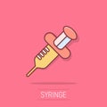 Syringe icon in comic style. Inject needle cartoon vector illustration on white isolated background. Drug dose splash effect Royalty Free Stock Photo