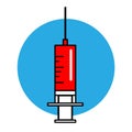 Syringe icon for injection vaccine with red blood liquid, isolated white background. Royalty Free Stock Photo