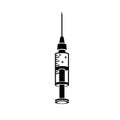 Syringe icon. Symbol vaccination or injection. Black silhouette disposable syringe.