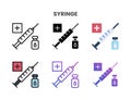 Syringe icons set with different styles.