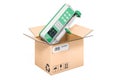 Syringe infusion pump inside cardboard box, delivery concept. 3D rendering