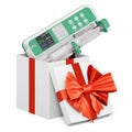 Syringe infusion pump inside gift box, present concept. 3D rendering