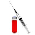 Syringe injection bottle red liquid neddle isolated pharmacy background - 3d rendering