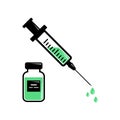 Syringe for injection with green vaccine, vials of medicine. Vector