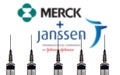 Syringe or injection placed against Merck and Janssen logo on a computer screen. Biden announced