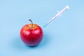 Syringe injection into a red apple on a blue background. Genetic modified foods. I Royalty Free Stock Photo