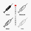 syringe, injection, vaccine, needle, shot Icon in Thin, Regular, Bold Line and Glyph Style. Vector illustration