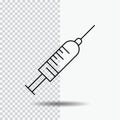 syringe, injection, vaccine, needle, shot Line Icon on Transparent Background. Black Icon Vector Illustration