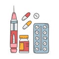 Syringe injector pen, medical drugs and pills vector illustration
