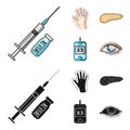 Syringe with insulin, pancreas, glucometer, hand diabetic. Diabet set collection icons in cartoon,black style vector