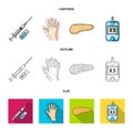 Syringe with insulin, pancreas, glucometer, hand diabetic. Diabet set collection icons in cartoon,outline,flat style