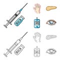 Syringe with insulin, pancreas, glucometer, hand diabetic. Diabet set collection icons in cartoon,outline style vector