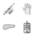 Syringe with insulin, pancreas, glucometer, hand diabetic. Diabet set collection icons in monochrome style vector symbol