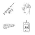 Syringe with insulin, pancreas, glucometer, hand diabetic. Diabet set collection icons in outline style vector symbol