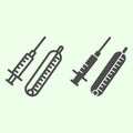 Syringe line and solid icon. Medical syringe with vaccine and thermometer outline style pictogram on white background