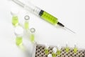 Syringe loaded with green liquid on labortory worktop