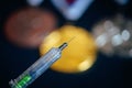 Syringe and medal set in background. Doping and drugs in sport, concept photo. Black background Royalty Free Stock Photo