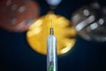 Syringe and medal set in background. Doping and drugs in sport, concept photo. Black background Royalty Free Stock Photo