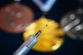 Syringe and medal set in background. Doping and drugs in sport, concept photo. Black background Royalty Free Stock Photo