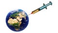 Syringe with medication drug and Earth planet isolated on a white background. Vaccine injection to cure world pandemic outbreak