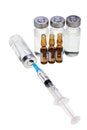 Syringe, medicine bottles and ampules Royalty Free Stock Photo