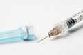 Syringe with needle for cosmetic injection, vaccine or diabetes on white background, macro photo Royalty Free Stock Photo