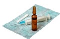 Syringe with the needle on hygienic napkin and ampule Royalty Free Stock Photo