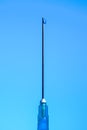 Syringe needle with liquid drop on the tip macro close up isolated on blue Royalty Free Stock Photo