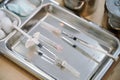 Syringe with needle on a steel tray for a medical vaccine in a h Royalty Free Stock Photo