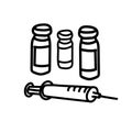 syringe and three bottles hand-drawn doodle, simple style, ampoules with injection