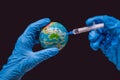 Syringe vaccinates the globe, on a map of the Australia. Australia Coronavirus, Corona virus attack concept. Australia