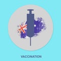 Syringe for vaccination against the background of the flag of Australia. Icon on a blue background. Isolated. Vaccination against