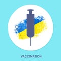 Syringe for vaccination against the background of the flag of Ukraine. Icon on a blue background. Isolated. Vaccination