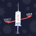 Syringe vaccine with harm and benefit, medical injection, vector illustration.