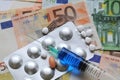 Syringe with vaccine and pills over euro banknotes money. concept image Royalty Free Stock Photo