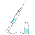 Syringe with vaccine tube,one line art,continuous drawing contour. Substance solution, medical dose of drug for injection.Medical Royalty Free Stock Photo