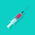 Syringe vector illustration, flat cartoon medical needle icon with full of vaccine or blood, clinical injector or squirt