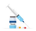 Syringe with vial for injection. Bottle with vaccine. Antibiotic in plastic vial for inject. Needle of syringe for shot of drug.