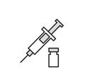 Syringe and vial medical symbol. Cartoon design icon. Flat vector illustration. Isolated on gray background.